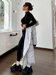 SHEIN EZwear Chaqueta casual de mujer con capucha de unicolor, rellena de plumas y fibra de plumón para invierno, con correas interiores de transporte