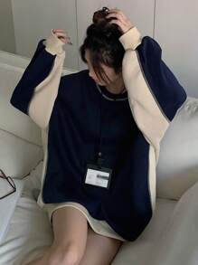 DAZY 女式拼色拼接装饰宽松圆领套头衫，带保暖衬里，秋季服装 - 藏蓝色 - 查看 2