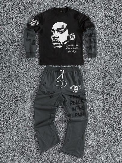 PAVTROS Mäns rund hals långärmad figurtryck avslappnad sweatshirt och byxor Set