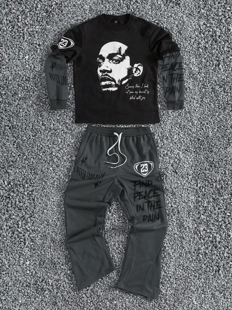 PAVTROS Manfinity Streetrush Men's Round Neck Long Sleeve Figure Print Casual Sweatshirt And Pants Set - Multicolor - View 1