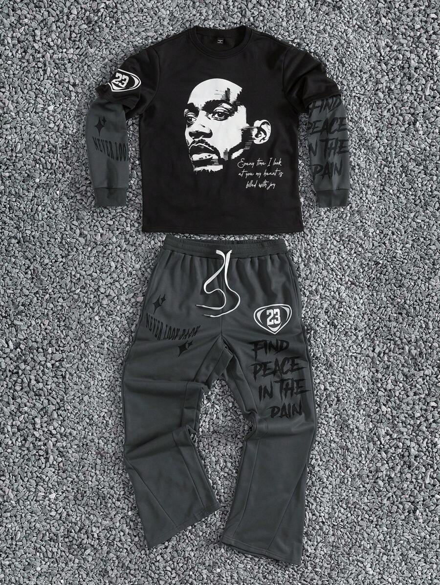 PAVTROS Manfinity Streetrush Men's Round Neck Long Sleeve Figure Print Casual Sweatshirt And Pants Set - Multicolor - View 1