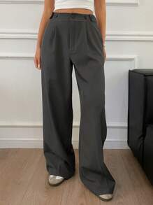 DAZY Contrast Color Drawstring Waist Wide Leg Suit Pants With Pockets For Women Business Attire - Grey - View 4