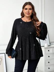 SHEIN LUNE Plus Size Kobiety Jesień/Zima Święta Impreza Długi Rękaw Brokat Casual T-shirt Boże Narodzenie - Czarne - Zobacz 8