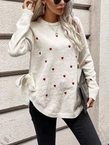 SHEIN Frenchy 女士心形图案圆领插肩袖长袖侧系带休闲毛衣，秋冬，情人节