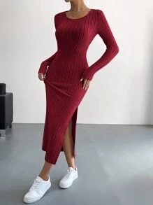 SHEIN Essnce 纯色圆领罗纹开衩长袖超长连衣裙 - 酒紅色 - 查看 6
