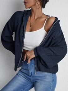 RueChic Casual Solid Color Lantern Sleeve Hoodie Cardigan, Autumn/Winter,Long Sleeve Tops