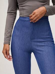 SHEIN BASICS Jeans skinny in vita alta di colore tinta unita, casual, per donna - Blu lavato medio - Visualizzare 3