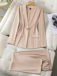 Celure 大码女式两件套西装套装，纯色披肩领长袖西装外套和裤子，秋季通勤装