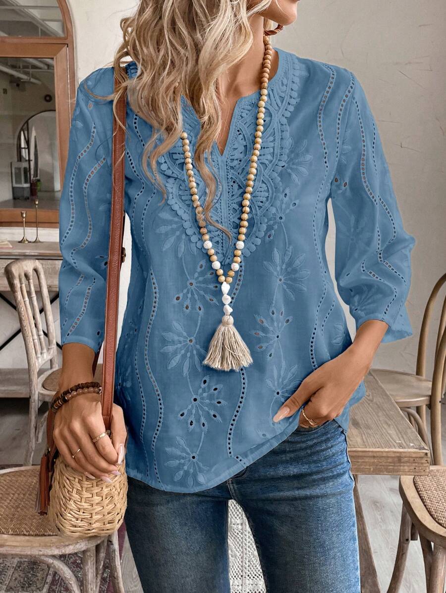 EMERY ROSE Women V-Neck Solid Color Hollow Out Embroidery 3/4 Sleeve Blouse - Dusty Blue - View 1