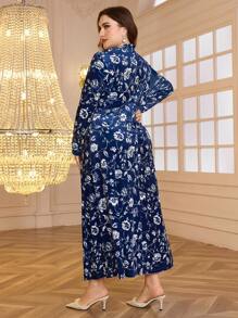 Modelyn Vestido elegante de talla grande con estampado floral de organza y decoración de lazo, adecuado para vestidos largos de noche de otoño - Azul Marino - Ver 2