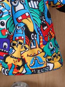 Baby Boy Cartoon Print Loose Fit Thermal Lined Hooded Casual Jacket, For Autumn/Winter - Multicolor - View 4