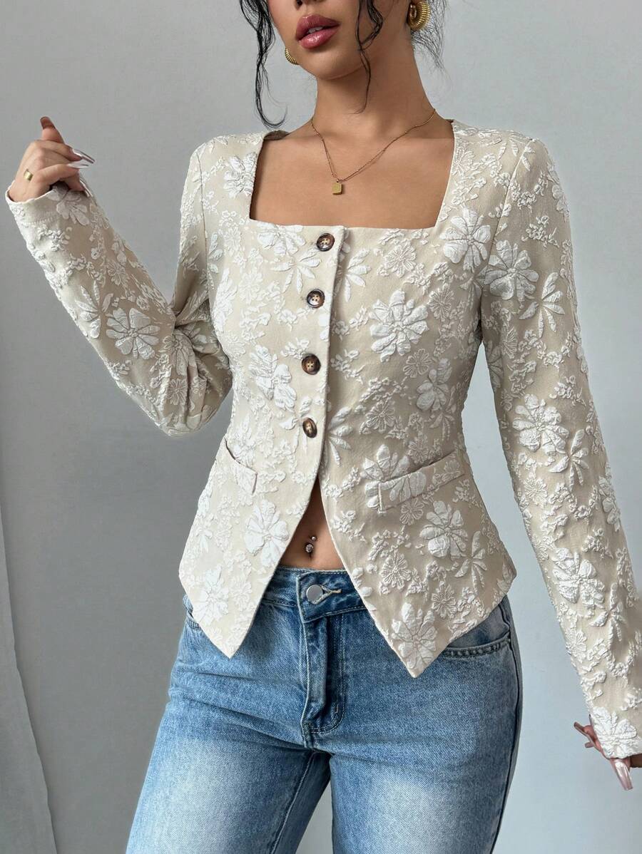 Chiquease Áo sơ mi nữ tay dài cổ vuông cài khuy đơn họa tiết hoa jacquard thanh lịch, mùa thu - Kem - Xem 1
