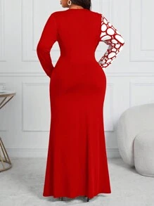 SHEIN Lady Plus Size Women Black & Contrast Geometric Pattern Fitted Fishtail Hem Dress, For Business/Professional