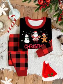 SHEIN Set di pigiama di Natale giovane ragazza, stampa festiva carina con renna, albero di Natale, campanelle, fiocco di neve, pupazzo di neve, Babbo Natale, morbido e confortevole, termico, maniche lunghe e pantaloni aderenti, adatto per autunno/inverno