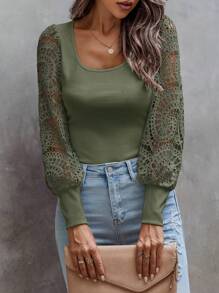 SHEIN LUNE Áo cánh ren tay đèn lồng cổ tròn trơn mùa thu cho nữ thanh lịch - xanh quân đội - Xem 4