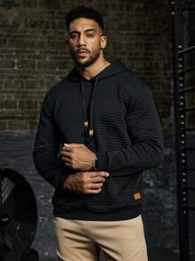 Gym Rark Plus Size Men's Solid Textured Drawstring Hooded Sweatshirt - Black - View 10