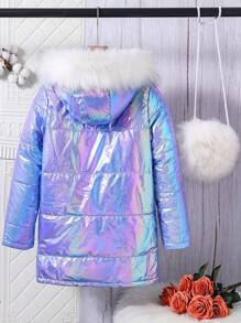 SHEIN Tween Girl Fluffy Panel Hooded Pockets Winter Padded Coat - Mint Blue - View 2