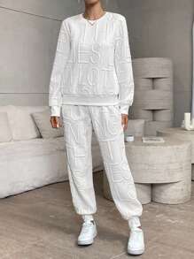 SHEIN LUNE 2pcs/Set Women Casual Letter Embossed Round Neck Long Sleeve Top And Pants Outfit, Loose Fit, Autumn