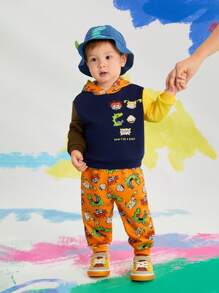 Nick 90s X SHEIN Tuta da 2 pezzi composta da felpa con cappuccio e pantaloni garzati a blocchi di colore con grafica di dinosauro per bambini maschi