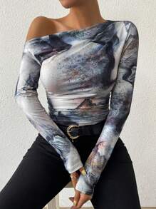 Chiquease Camiseta de manga larga con estampado de patrón de mármol, plisada y asimétrica, camiseta gráfica para mujer para looks de primavera - Multicolor - Ver 4