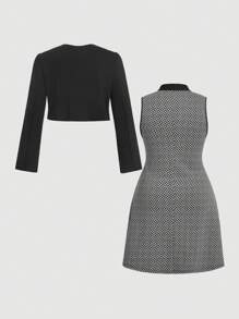 SHEIN MOD Plus Size 2pcs Set: Solid Color Long Sleeve Blazer Jacket & Contrasting Bow Sleeveless Dress, Elegant Suit Look In Fall/Winter - Black - View 2