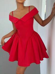 Aloruh 1 pieza Vestido mini elegante de mujer de unicolor con hombros descubiertos, tirantes de espagueti, cintura fruncida con volante para Navidad, Año Nuevo, Acción de Gracias, vacaciones, negocios y ocasiones formales, elegante, rojo, lindo, sexy