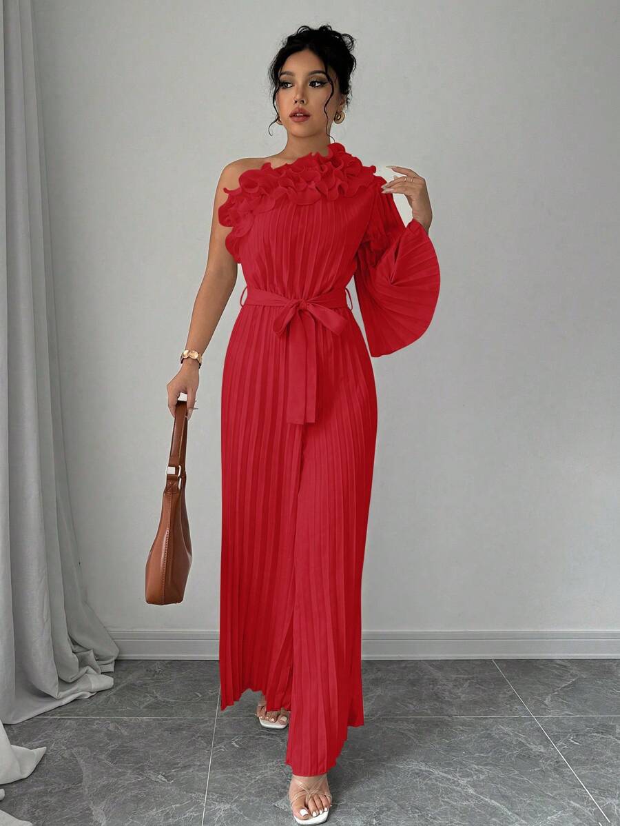 Elenzga 优雅女士纯色拼接多层荷叶边单肩喇叭袖宽松连体裤