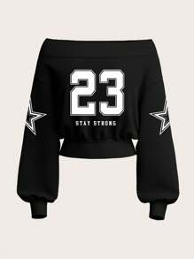 SHEIN SXY Red Casual Off Shoulder Cropped Sweatshirt With Number Five-Pointed Star Pattern,Long Sleeve Tops Autumn And Winter - Black - View 3