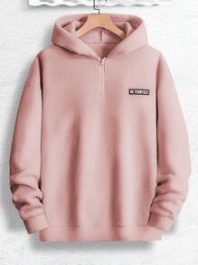 Manfinity Homme Loose Fit Men's Letter Patched Half-Zip Teddy Sweatshirt, Pink Hoodie Men, Pink Zip Up Hoodie Men, Men Pink Quarter Zip Hoodie - Pink - View 3