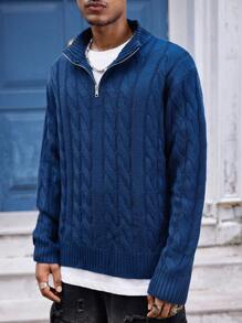 Manfinity Dauomo Áo len nam có khóa kéo màu trơn, thích hợp cho mùa thu đông - Màu xanh hải quân - Xem 3