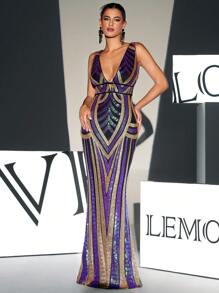 Plunge Neck Backless Sequin Formal Gown - Multicolor - View 3