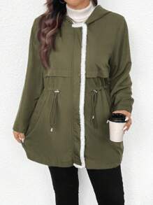 SHEIN Frenchy Chaleco con capucha unicolor, manga larga, parche de sherpa, simple y casual para tallas grandes - Verde - Ver 1