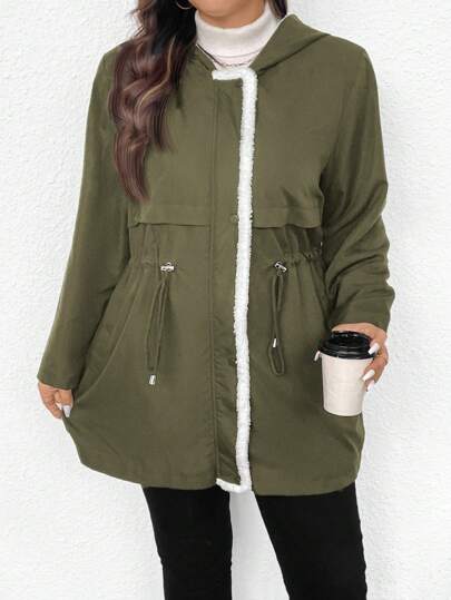 SHEIN Frenchy Áo khoác trùm đầu đơn giản, giản dị, tay dài, cài nút phía trước, chất liệu Sherpa chắp vá, màu trơn cỡ lớn