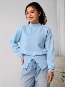 Teen Girl Solid Color Stand Collar Slit Casual Long Sleeve Pullover Sweater, Suitable For Gatherings In Autumn/Winter - Baby Blue - View 4