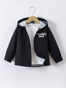 SHEIN 年轻男孩时尚趣味猴子卡通图案撞色连帽外套，适合户外、学校等各种场合，时尚舒适，秋冬 - 彩色 - 查看 2