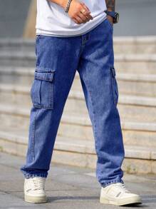 Manfinity Homme Celana Jeans Kargo Longgar Pria Warna Polos dengan Saku Tempel, Potongan Lurus Kasual - Medium Wash - View 6