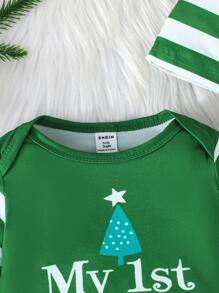 2pcs/Set Baby Girl Christmas Holiday Long Sleeve Christmas Tree & Letter Print Striped Patchwork Hat Jumpsuit - Green - View 6