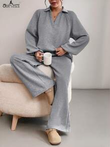 SHEIN Essnce 2pcs Women Fall Sets Women's Casual Solid Color Textured V Neck Long Sleeve Top And Straight Wide-Leg Pants Elastic Waist Pants Women Pants Set Winter Women Sets Outfit Sets Fall Two Pieces Sets Airport Women Outfits - Grey - View 4