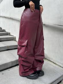 Flirla Plus Size Casual Solid Color Streetwear Multi-Pocket Straight Leg Cargo Pants