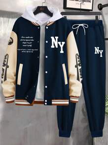 Manfinity Homme 2pcs Men's Spring Autumn Slogan Print Long Sleeve Casual Baseball Jacket And Pants Suit