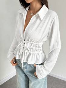 SHEIN EZwear 女士纯色前系带长袖休闲衬衫 - 白色 - 查看 6