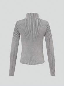 Tween Girls' Star Print Ribbed Stand Collar Long Sleeve Pullover Sweater - Grey - View 3