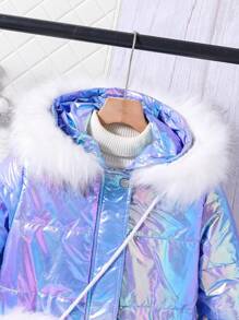 SHEIN Tween Girl Fluffy Panel Hooded Pockets Winter Padded Coat - Mint Blue - View 3