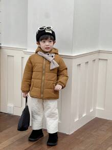 SHEIN Young Boy Winter Solid Color Long Sleeve Zip Collar Hooded Padded Coat & Pants Casual Outfit Set With Scarf - Multicolor - View 5