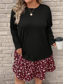 SHEIN LUNE 大码女式黑色拼布波尔卡圆点图案侧袋圆领长袖休闲连衣裙，秋冬感恩节装扮节日派对礼服女士派对礼服 - 紅色 - 查看 1