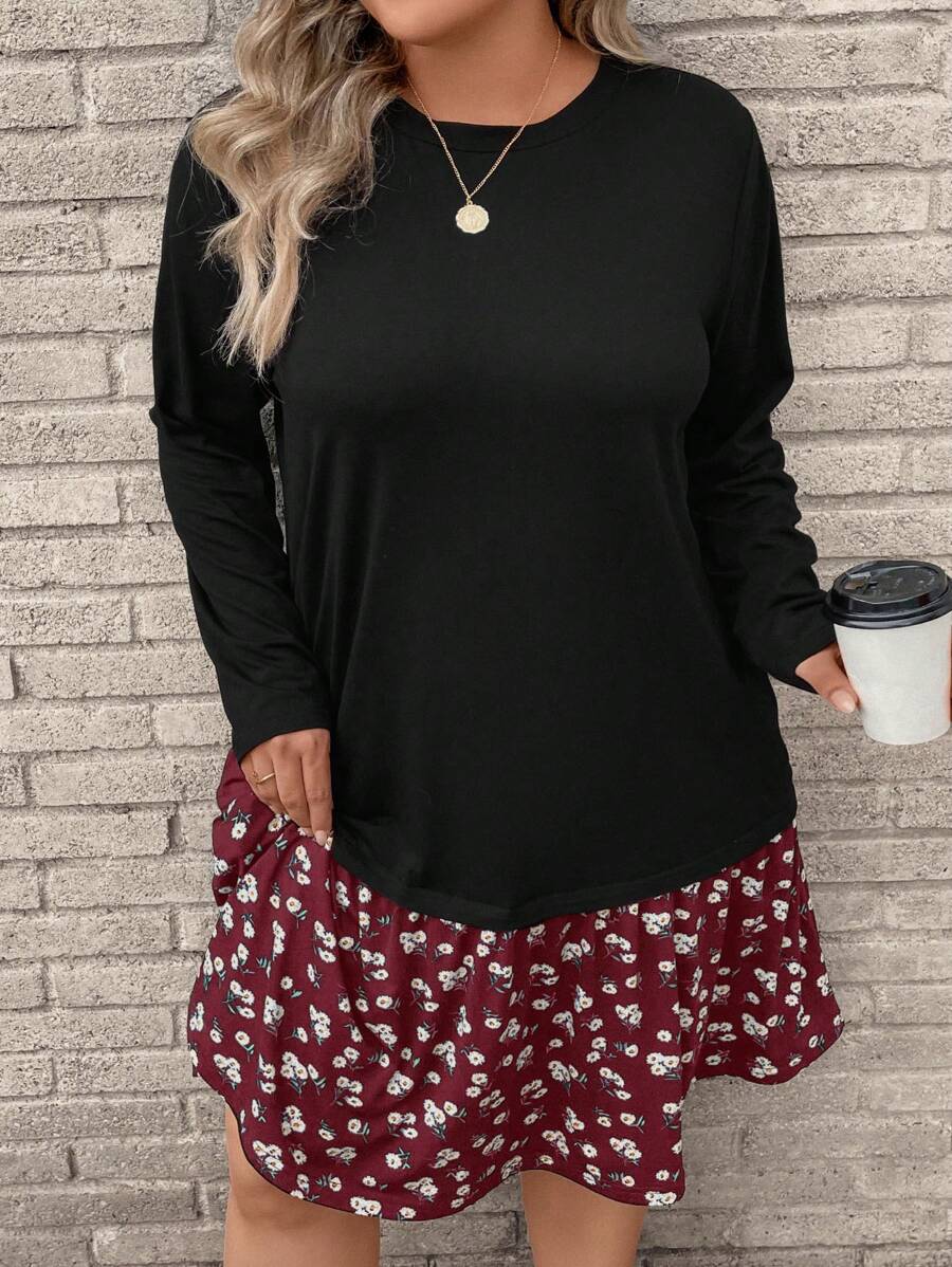 SHEIN LUNE 大码女式黑色拼布波尔卡圆点图案侧袋圆领长袖休闲连衣裙，秋冬感恩节装扮节日派对礼服女士派对礼服 - 紅色 - 查看 1