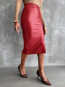 EURMUSE Women's High Waisted Tight Red Leather Skirt With Side Slit - Red - View 5