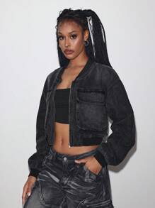 SHEIN ICON Women's Casual Front Zip Pocket Denim Jacket - Black - View 6