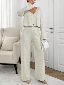 SHEIN 2pcs/Set V-Neck Casual Buttoned Cardigan And Pants - Beige - View 5