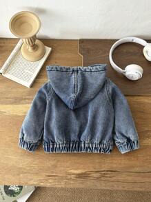 SHEIN 男婴街头凉爽保暖石洗补丁连帽长袖宽松蓝色牛仔保暖衬里泰迪夹克，适合男婴秋冬装